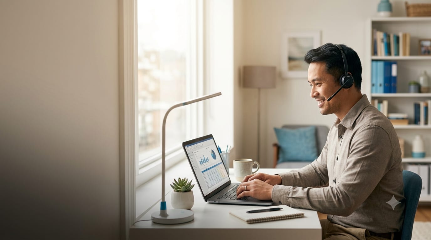 A Remote Workmate specialist on a video call from their home office